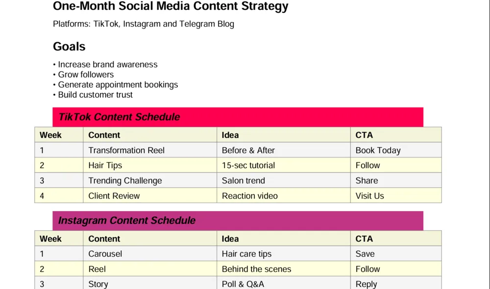 One-month content strategy for a beauty salon